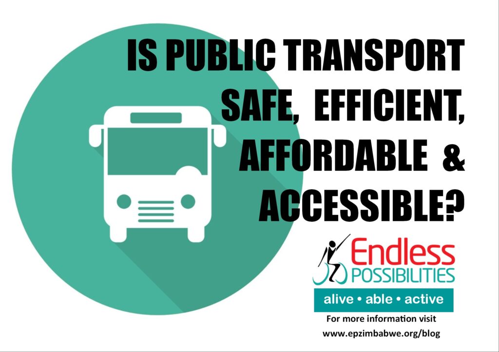 On the left side there is Light green circle with an icon of a bus inside it. On the right is text: is public transport safe, efficient, affordable & accessible? Then there's the Endless Possibilities logo and pay off line - alive, able, active. Then there is text: For more information visit www.epzimbabwe.org/blog